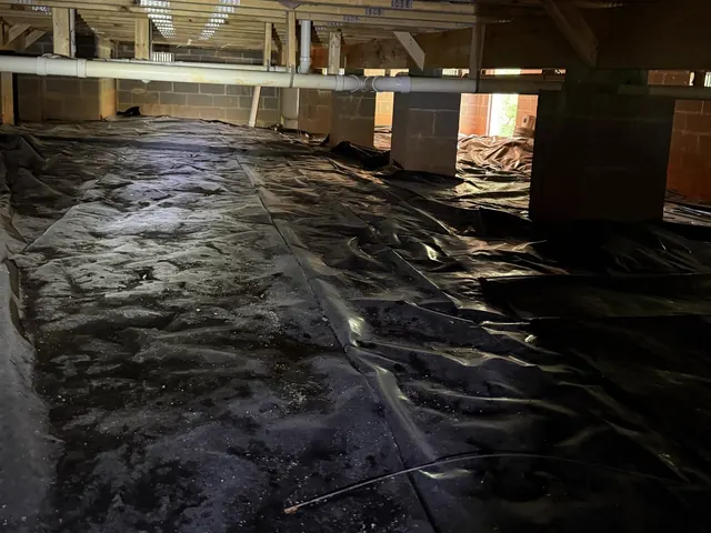 Damp bare dirt and torn plastic in a vented crawl space