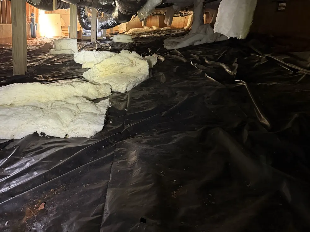 Insulation batts fallen out of the floor joists onto the crawl space plastic