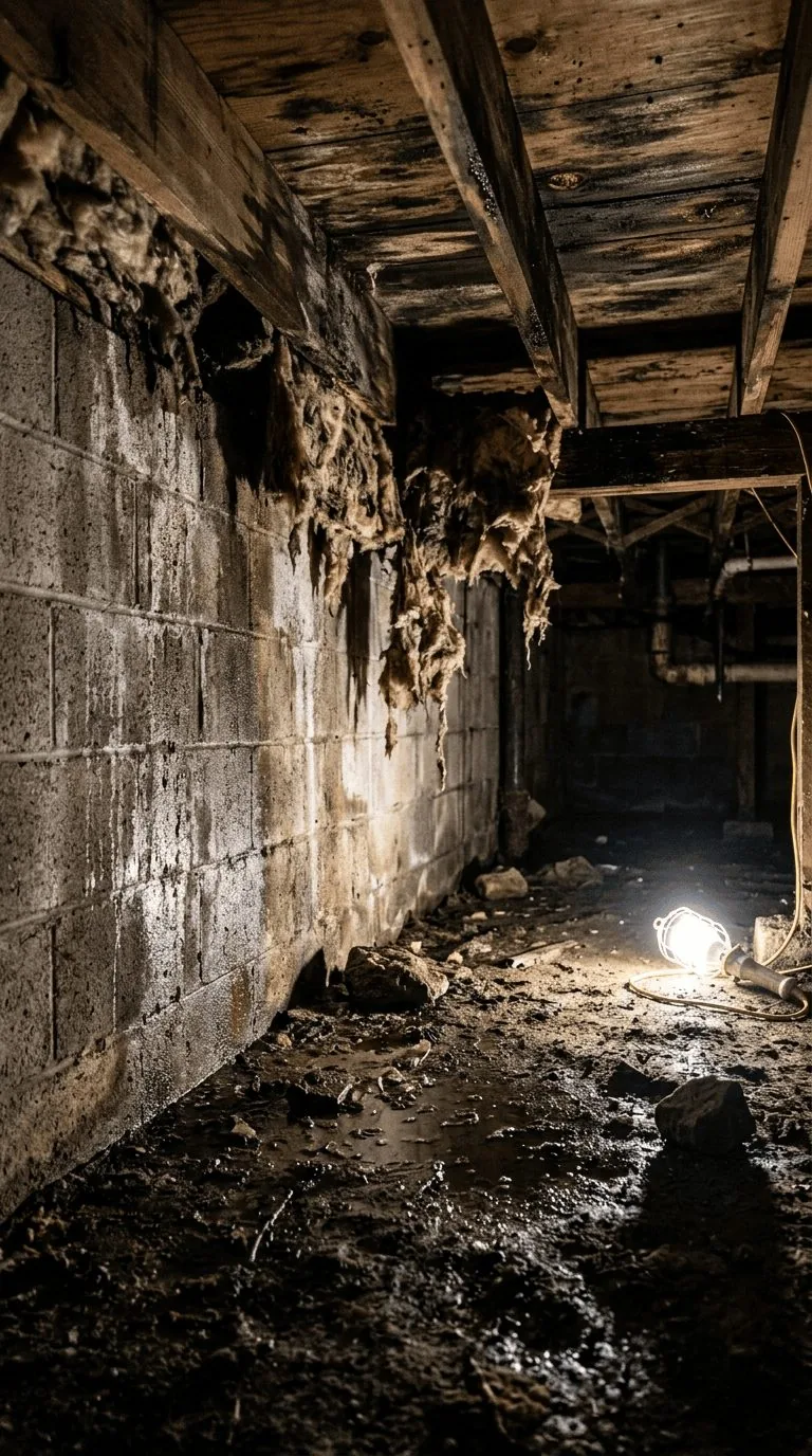 Damp moldy crawl space before treatment
