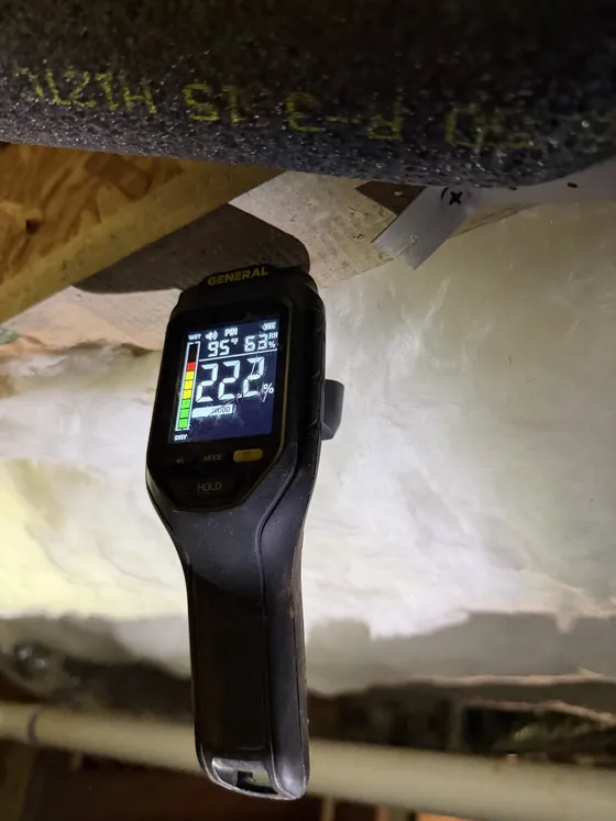 Our MM19 pin moisture meter reading 22.2 percent in the wood, on one of our inspections