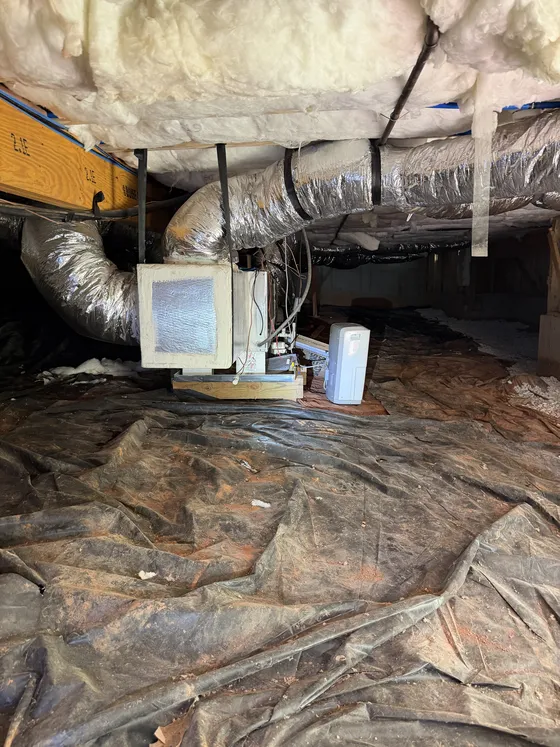 Before: torn black plastic on bare dirt around an air handler