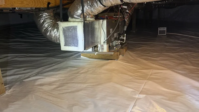 An air handler on a sealed white crawl space liner after encapsulation