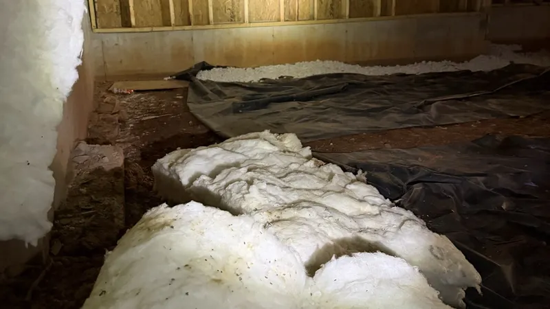 Crawl space before: insulation batts fallen onto the dirt